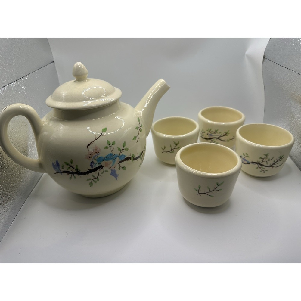 Beige Glazed Ceramic Floral Tea Set Teapot w/ Lid & 4 Cups, 8 oz